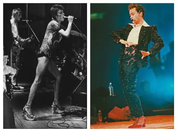 1997年的跨越演唱会上,leslie穿上红色高跟鞋,向bowie致敬.