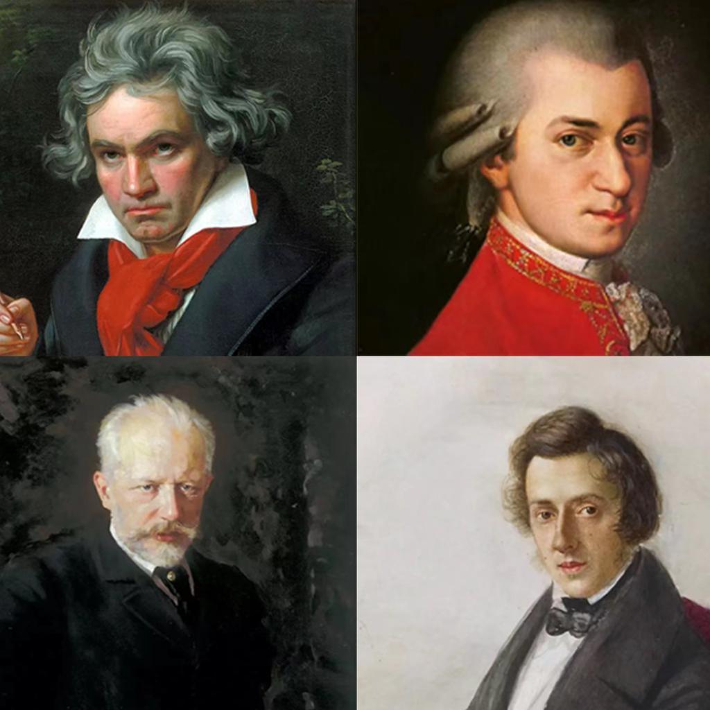 贝多芬；肖邦；莫扎特；巴赫；舒曼；舒伯特