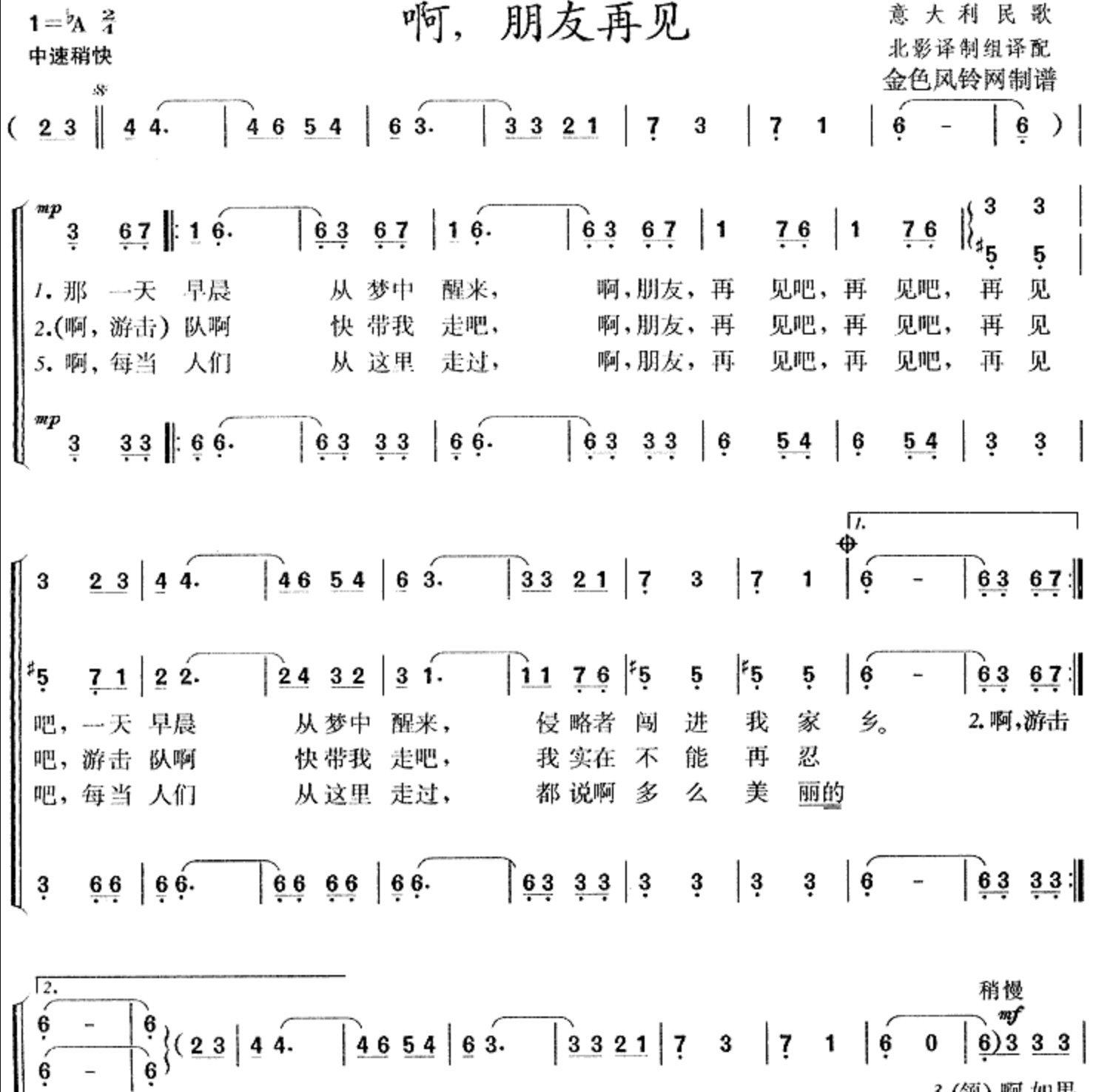 Bella ciao(姑娘，再见！)