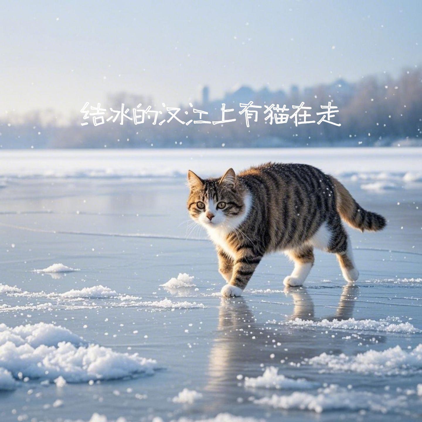 结冰的汉江上有猫在走