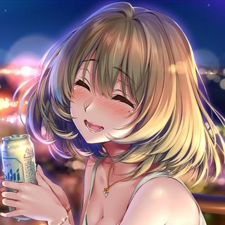 东京街头霓虹灯下罐装啤酒少女